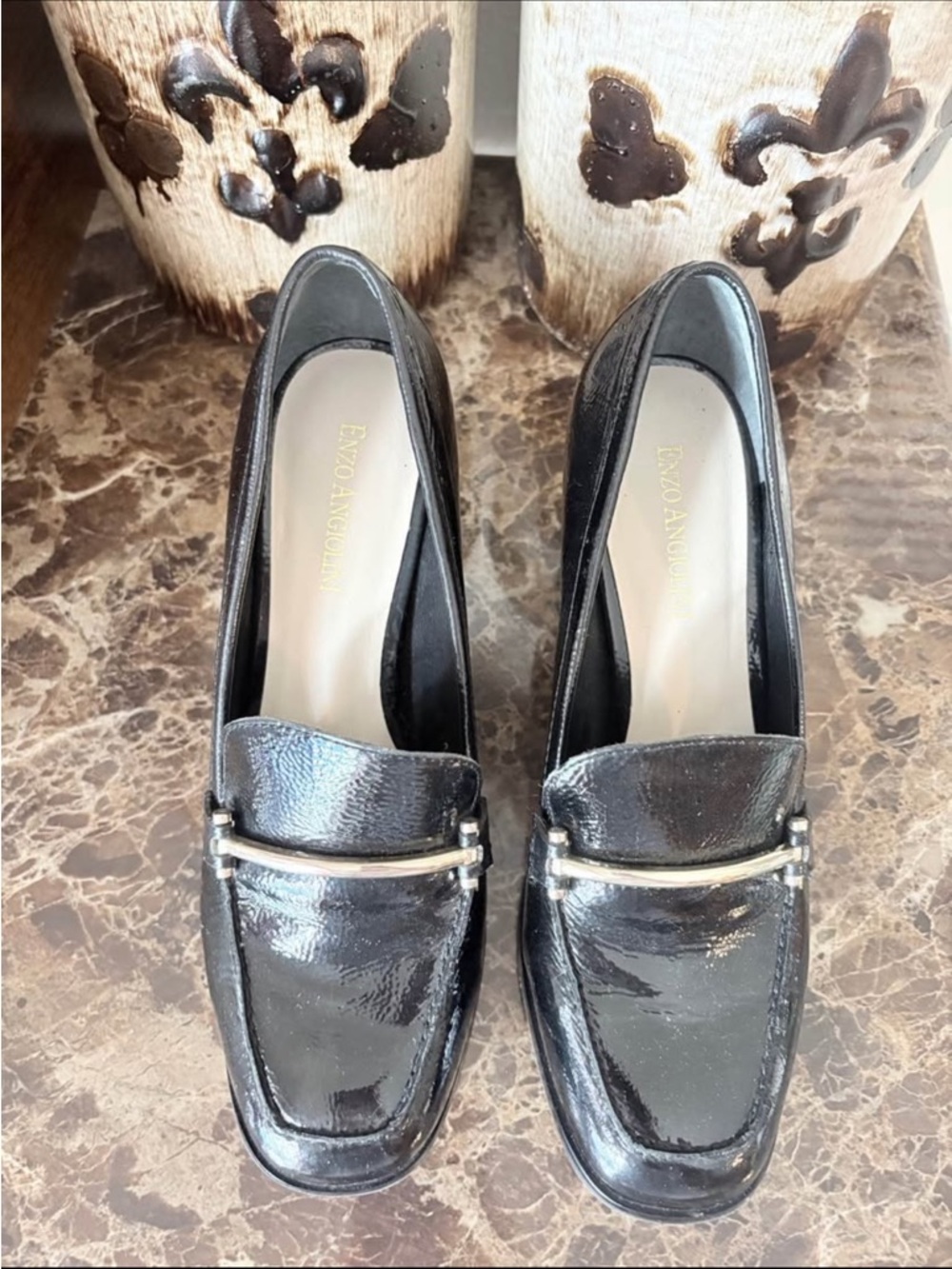 Enzo Angiolini Black Patent Loafers with Gold Bar Accent